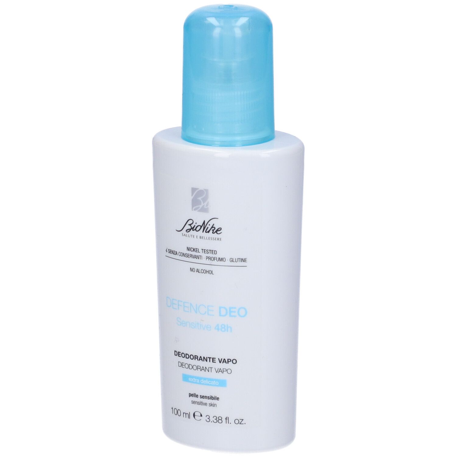 Weißer Deospray mit blauem Sprühkopf. Aufschrift: BioNike, Defence Deo Sensitive 48h, Nickel Tested.