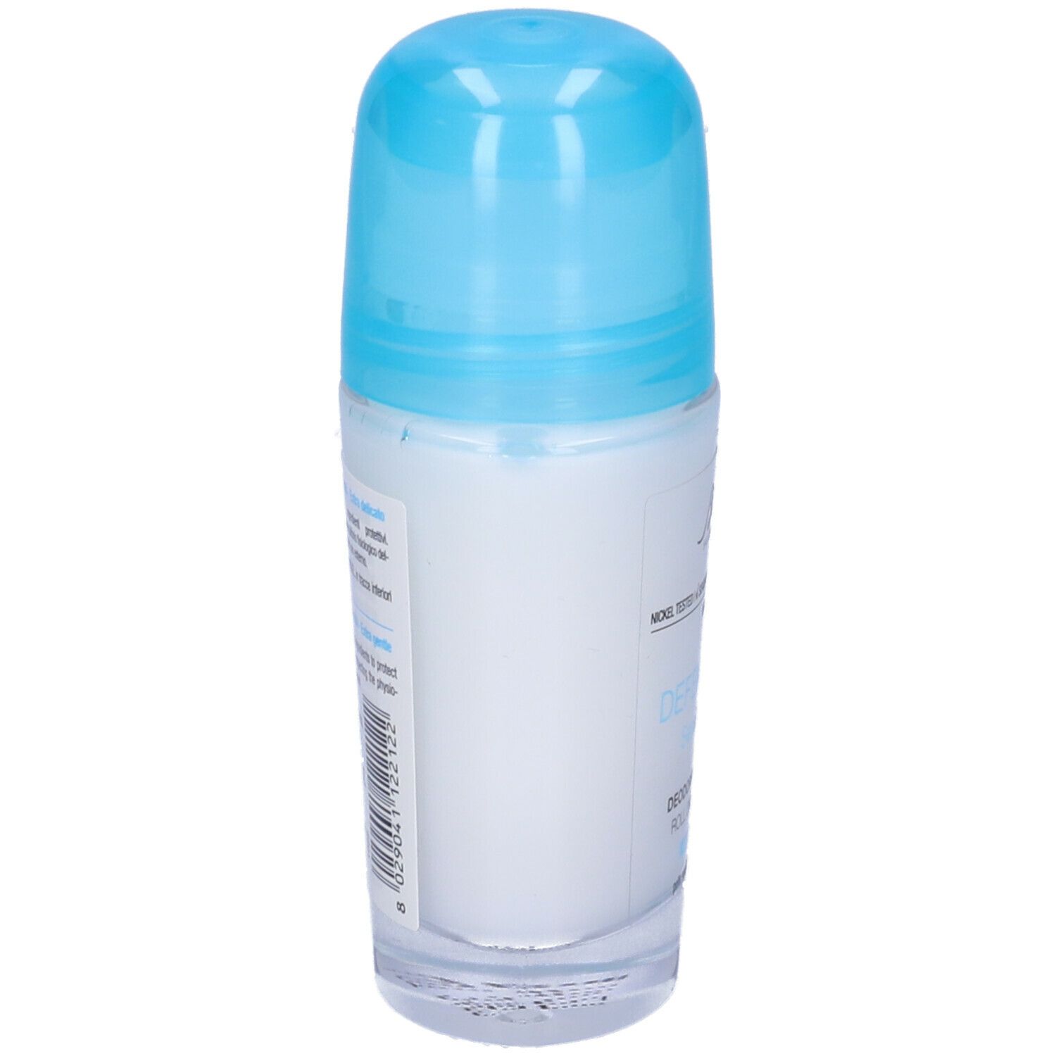 Deo-Roller, Seitenansicht. Weißes Etikett mit blauer Schrift. Blauer Deckel.