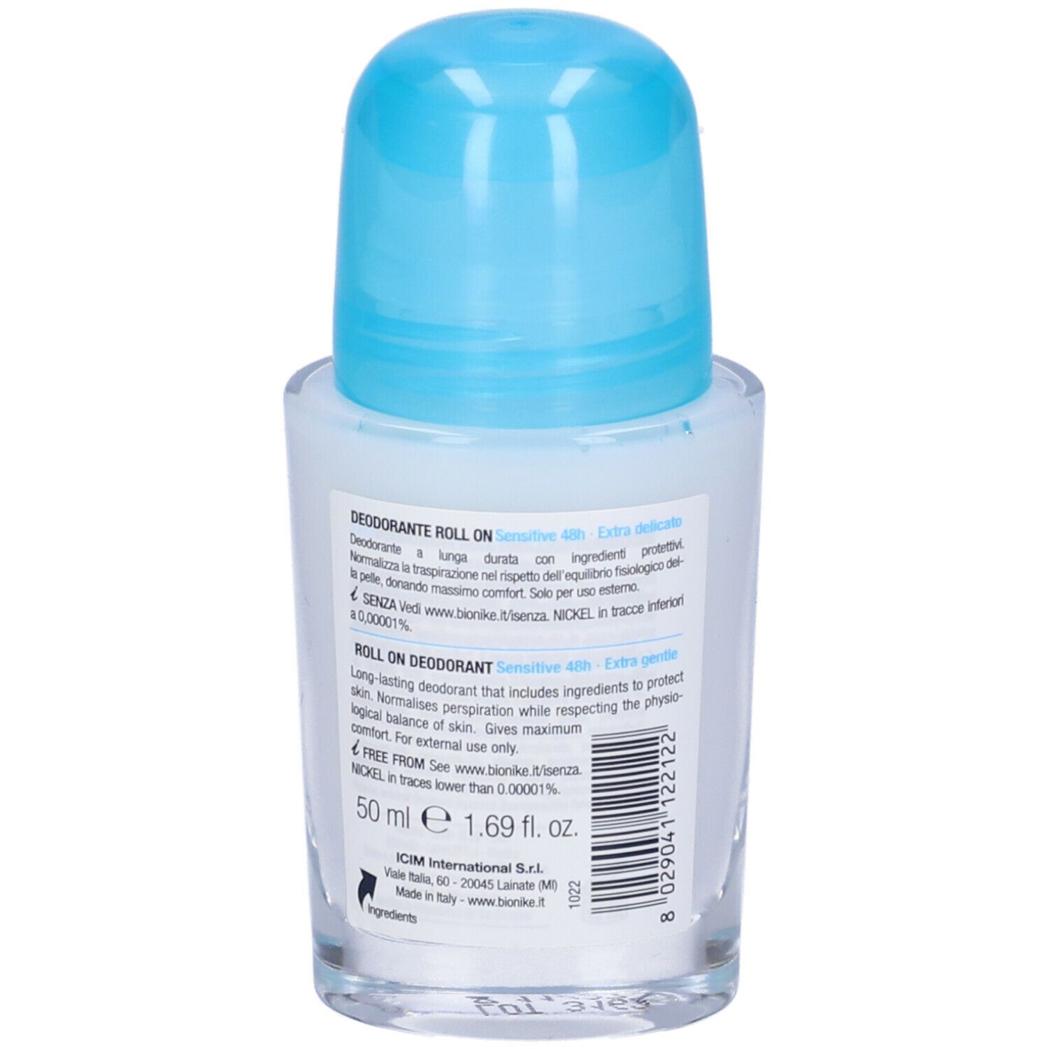 Deo-Roller, Rückseite. Text in mehreren Sprachen. Blauer Deckel. 50 ml.