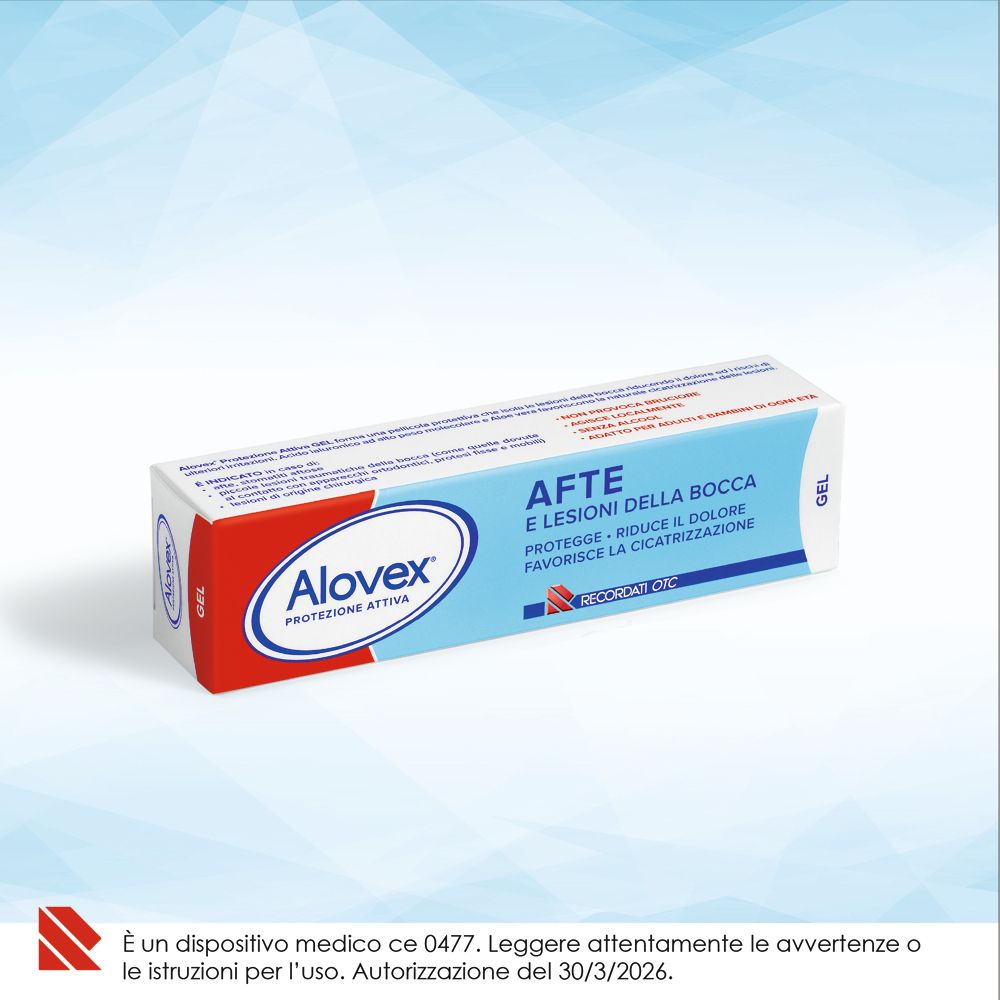 Verpackung Alovex Afte Gel. Schützt, reduziert Schmerz, fördert Heilung. Für Mundgeschwüre.