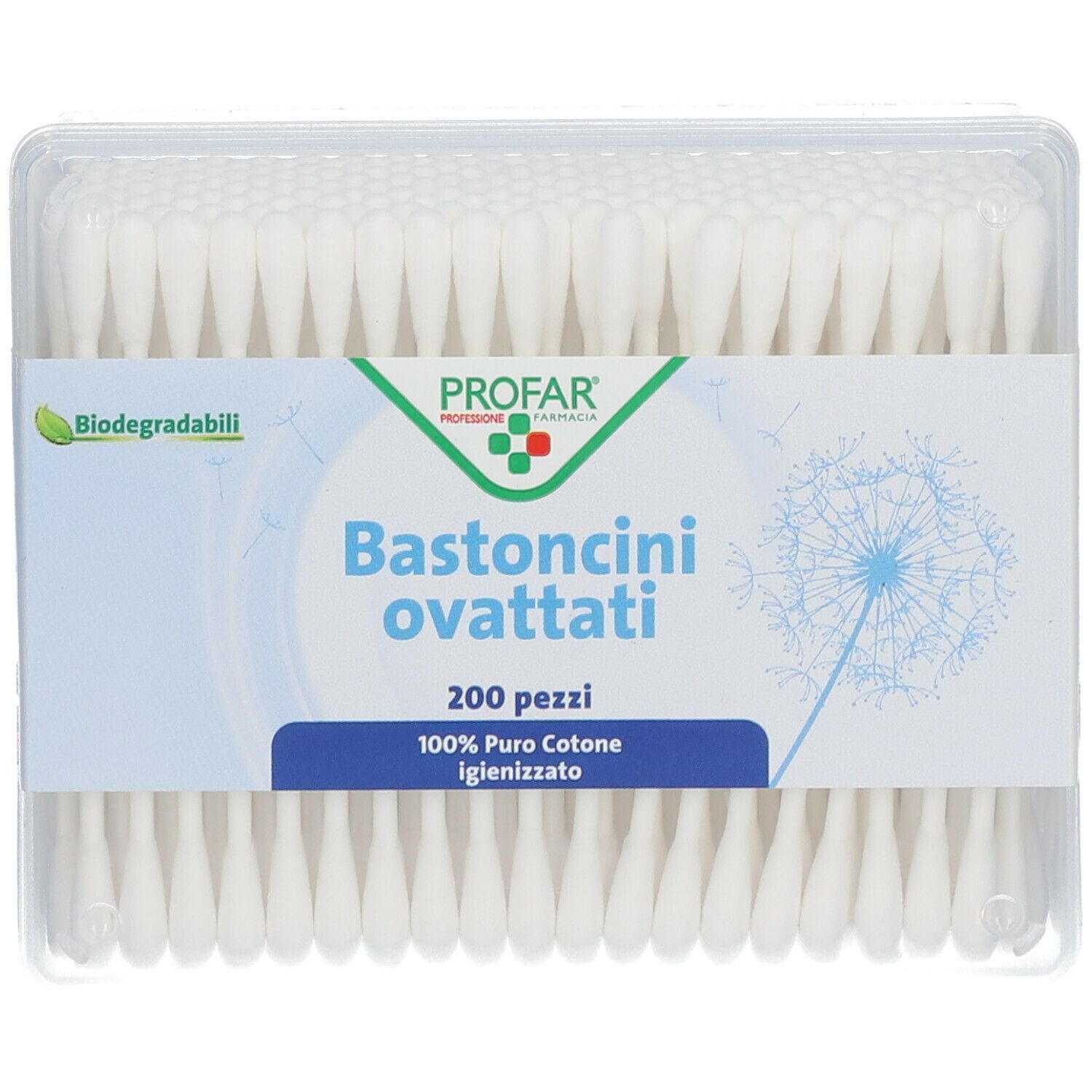 PROFAR Bastoncini Ovattati. Bastoncini ovattati bianchi in contenitore trasparente. Etichetta con logo e testo.