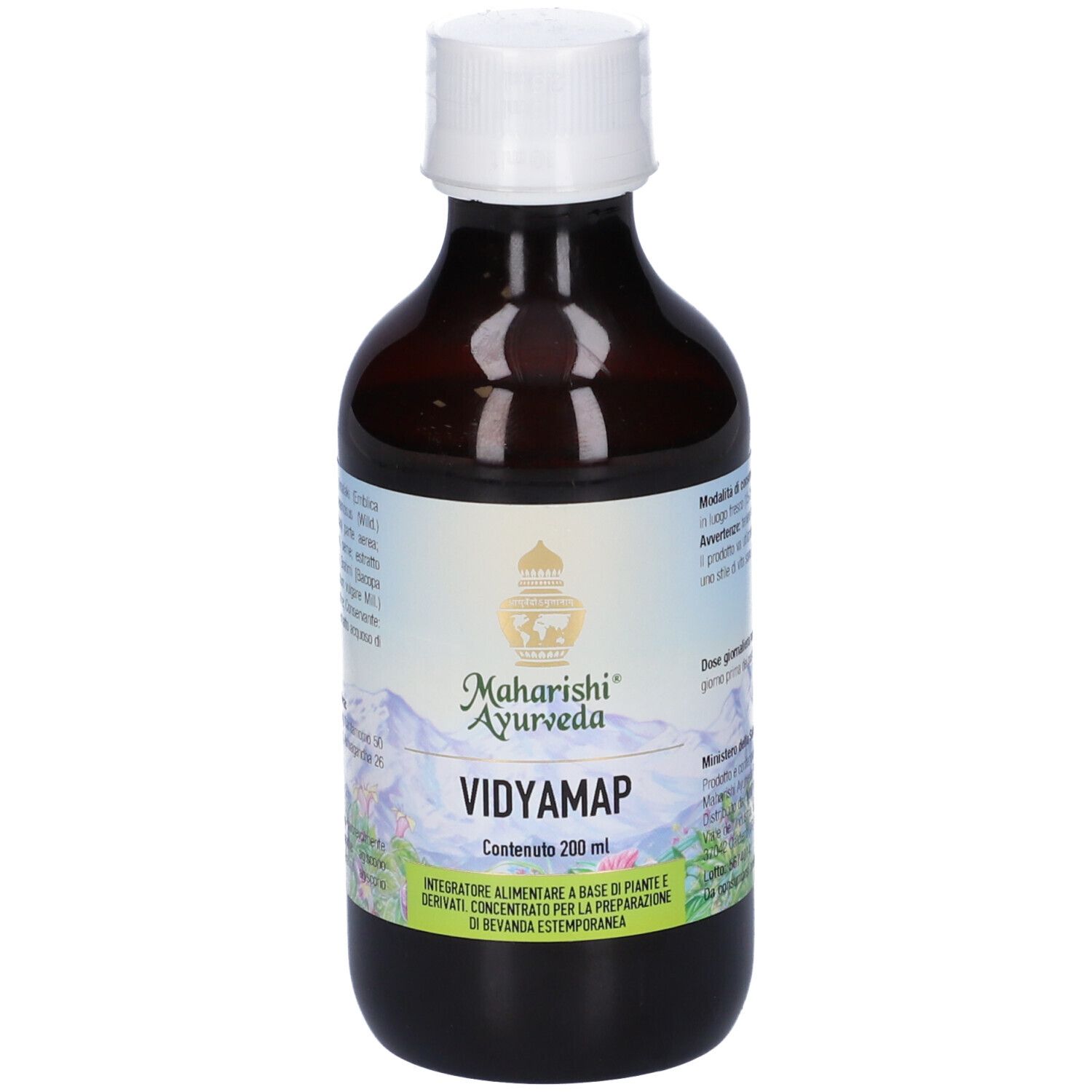 Bottiglia marrone con tappo bianco. Etichetta: Vidyamap, 200 ml, Maharishi Ayurveda.