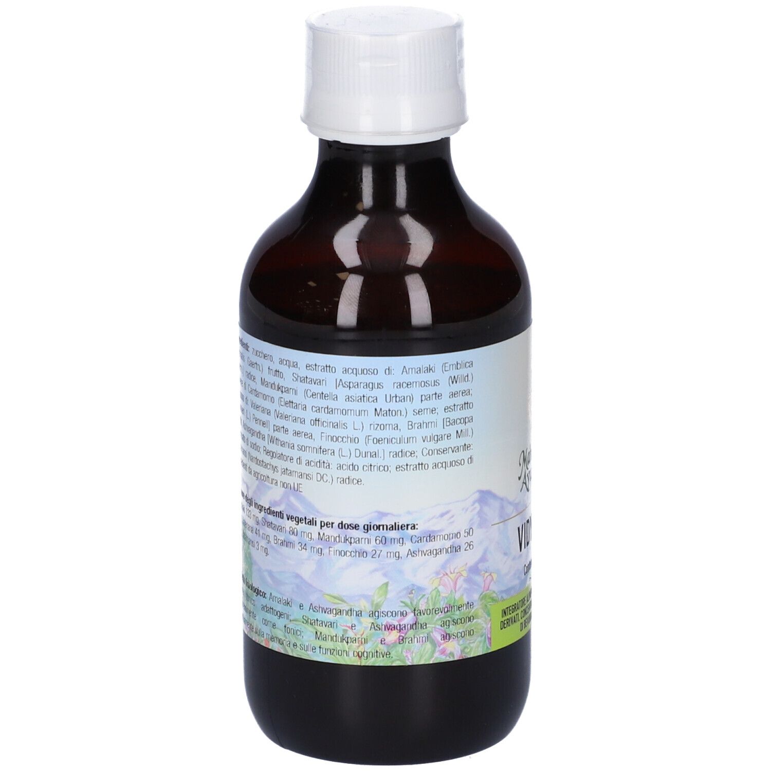 Bottiglia marrone con tappo bianco. Etichetta con ingredienti e testo: Vidyamap, 200 ml.