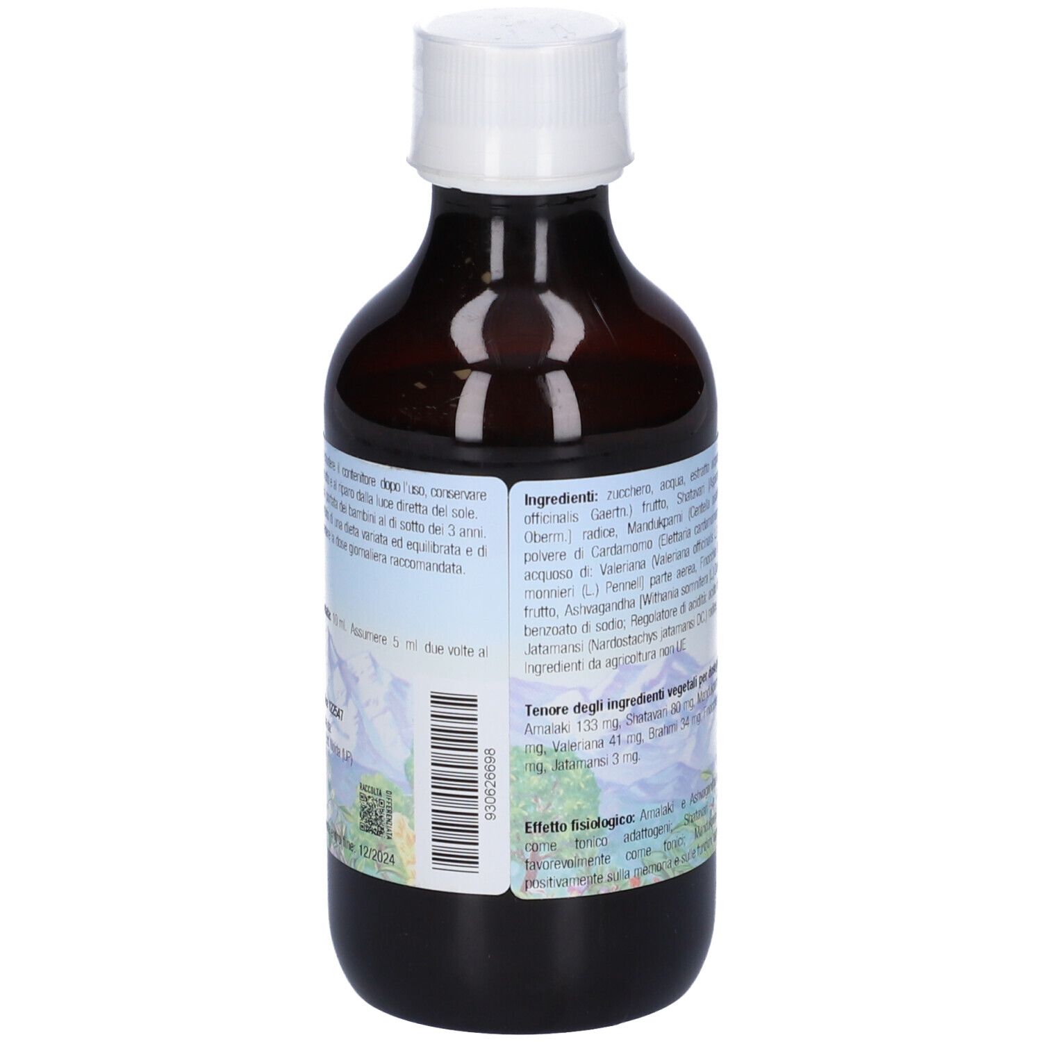 Bottiglia marrone con tappo bianco. Etichetta con testo e ingredienti: Vidyamap, 200 ml.