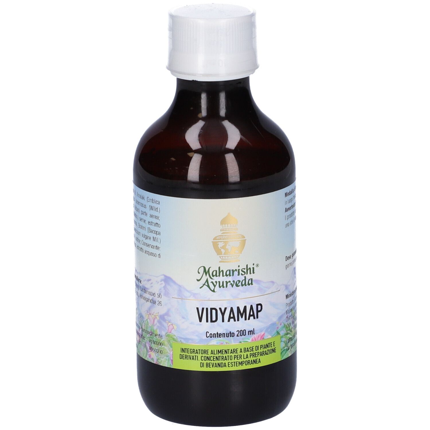 Bottiglia marrone con tappo bianco. Etichetta: Vidyamap, 200 ml, Maharishi Ayurveda.
