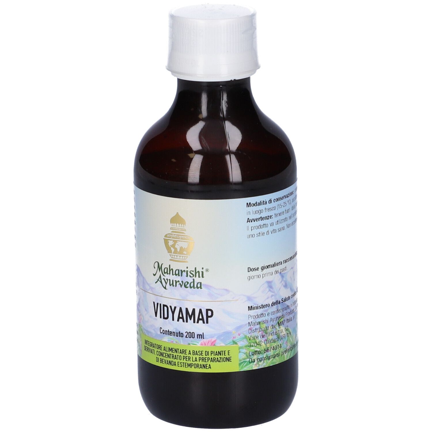 Bottiglia marrone con tappo bianco. Etichetta: Vidyamap, 200 ml, Maharishi Ayurveda.