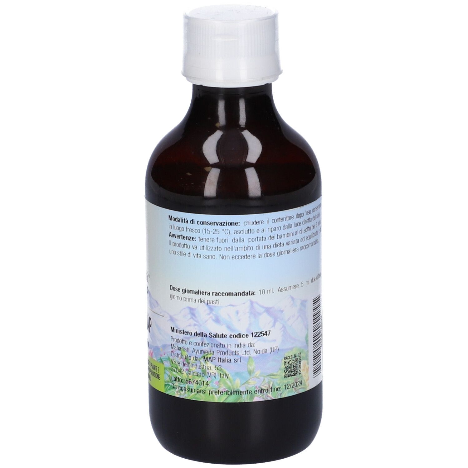 Bottiglia marrone con tappo bianco. Etichetta: Vidyamap, 200 ml, Maharishi Ayurveda.