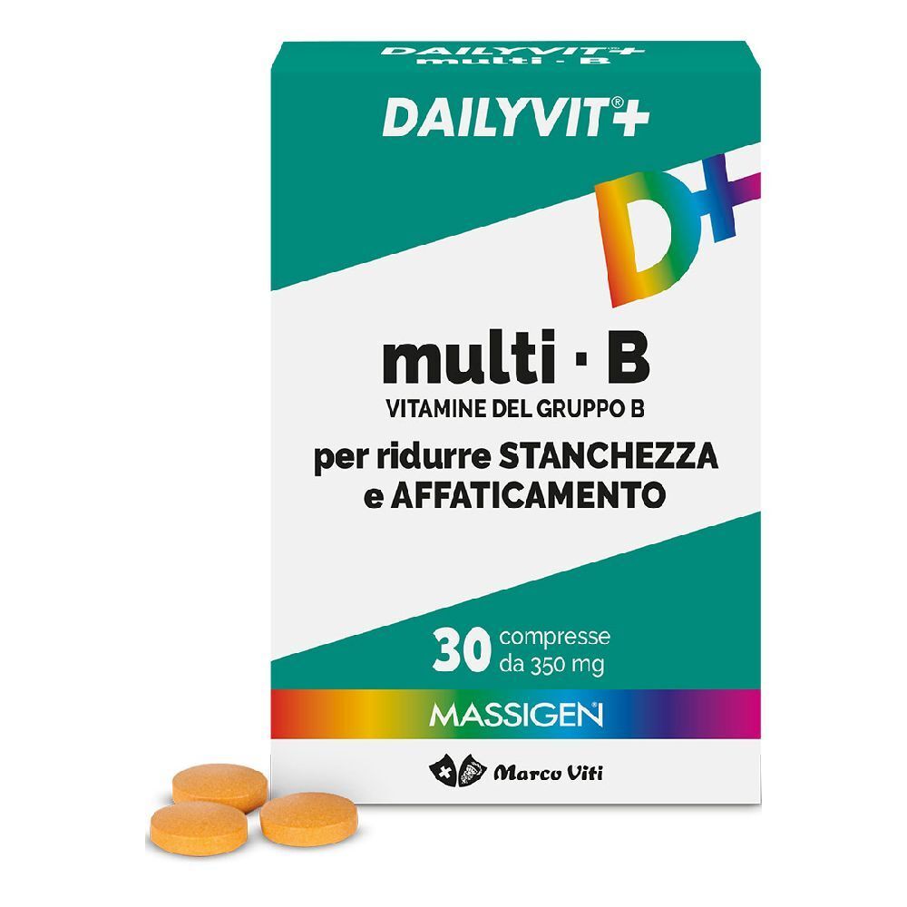 Confezione di DailyVit+ multi B Massigen. 30 compresse. Compresse arancioni accanto.