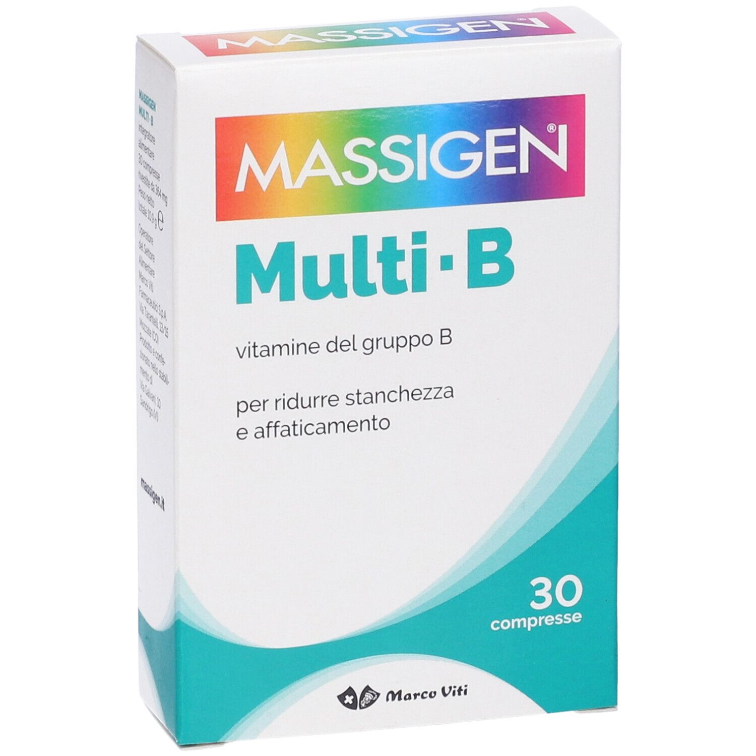 Scatola di Massigen Multi-B. 30 compresse. Bianca, con logo e testo colorati.