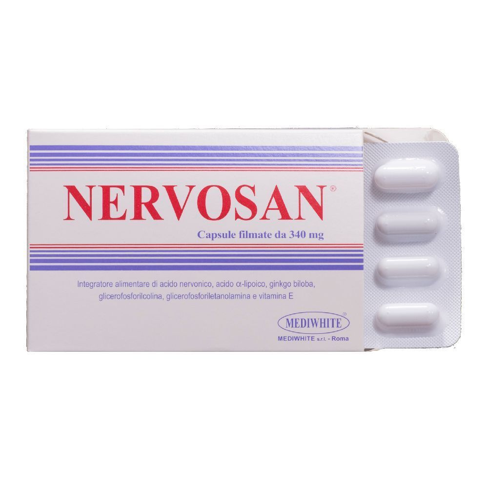 Confezione di capsule Nervosan. Scatola bianca con testo rosso. Contiene blister con capsule.