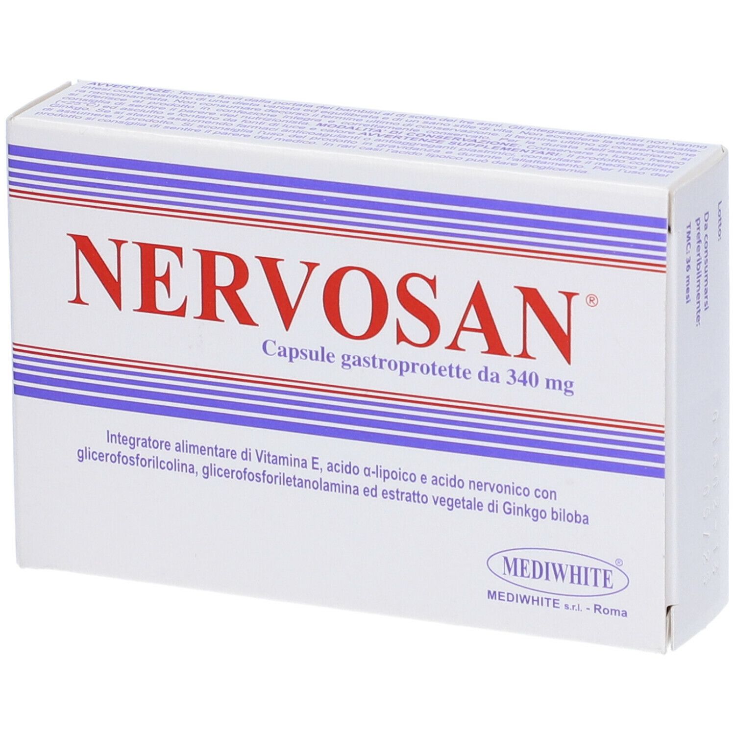 Scatola bianca con testo rosso Nervosan. Contiene capsule. Testo: Capsule gastroprotette da 340 mg.