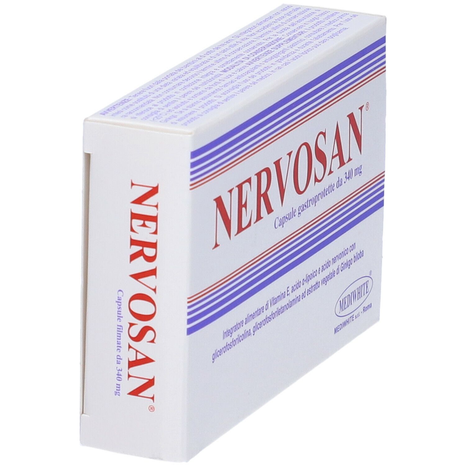 Scatola con testo rosso Nervosan. Testo: Capsule gastroprotette da 340 mg. Confezione bianca con strisce blu.