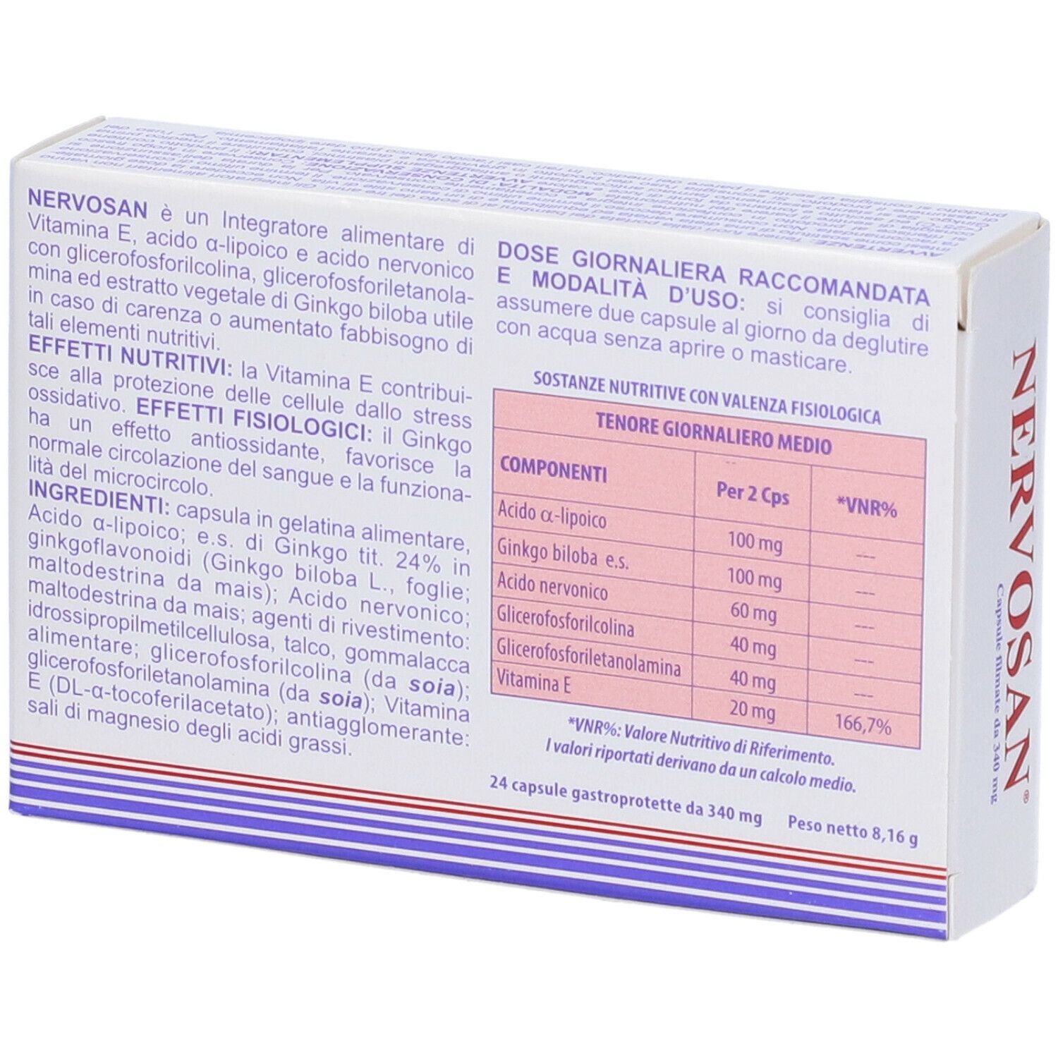 Retro della confezione Nervosan. Contiene informazioni sugli ingredienti e il dosaggio. Testo in italiano.