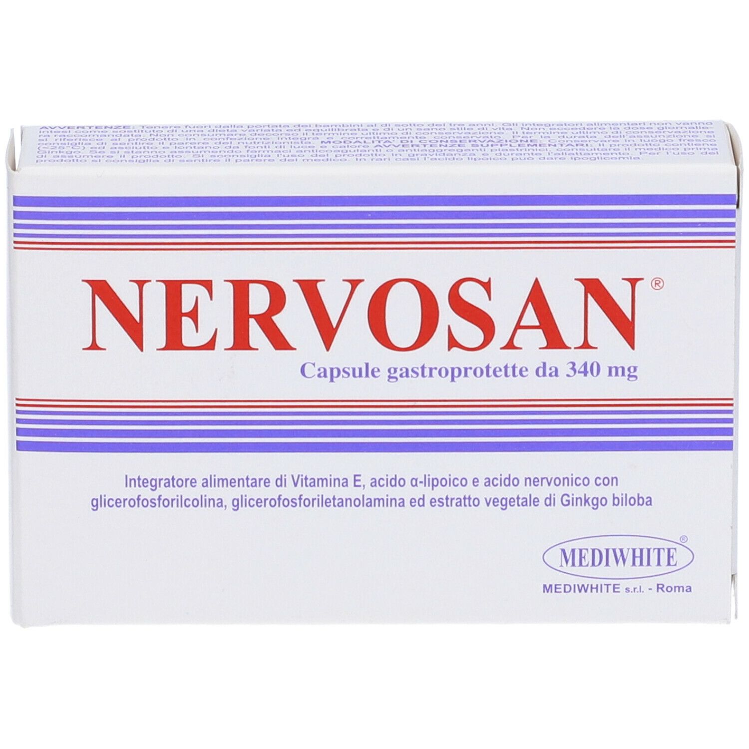 Scatola bianca con testo rosso Nervosan. Testo: Capsule gastroprotette da 340 mg. Strisce blu.