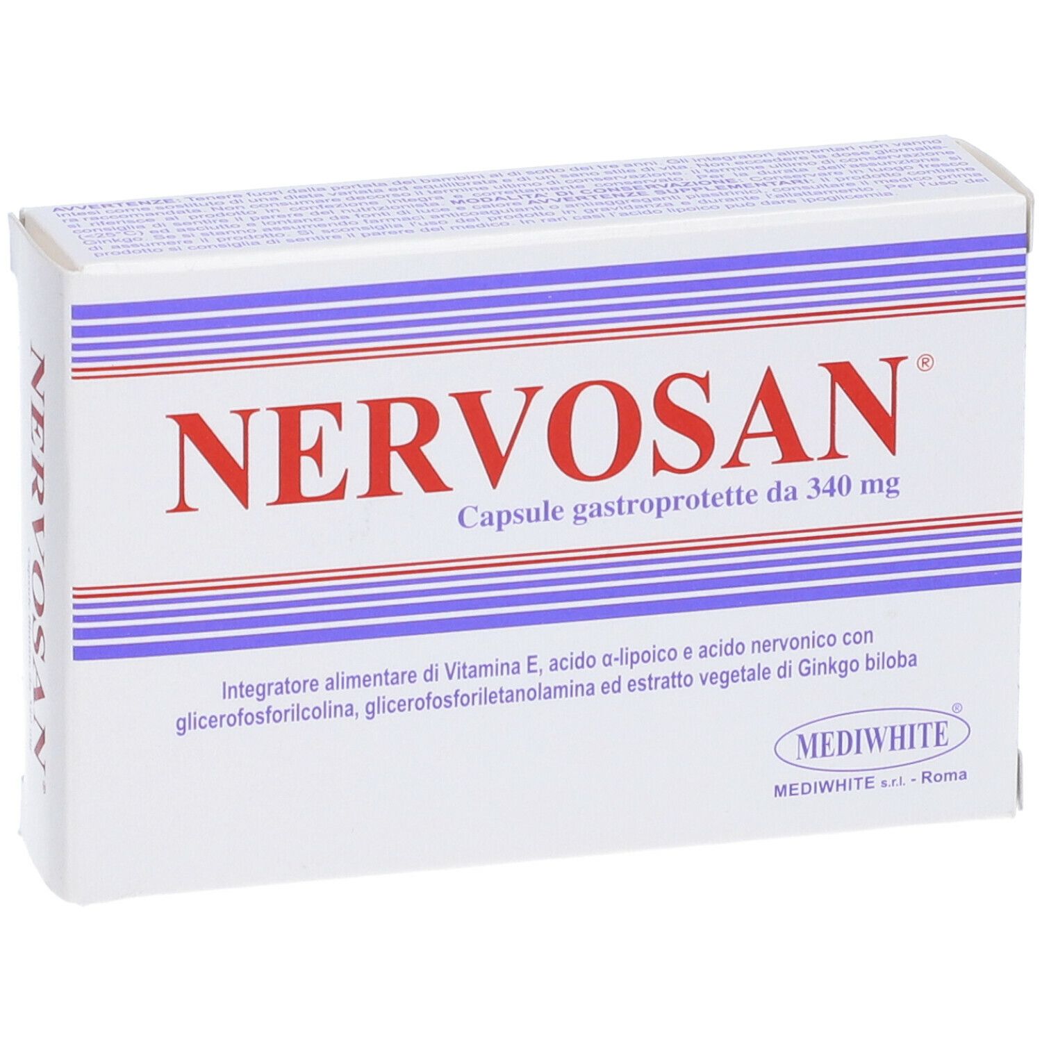 Scatola bianca con testo rosso Nervosan. Testo: Capsule gastroprotette da 340 mg. Strisce blu.
