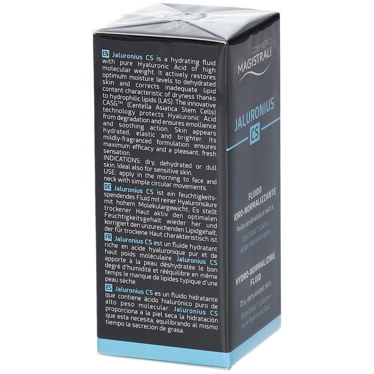 Schwarze Schachtel. Text: Jaluronius CS. Hydro-normalisierendes Fluid. Inhaltsstoffe.