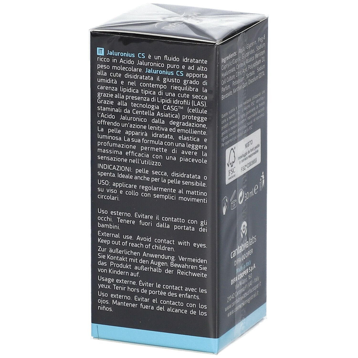 Schwarze Schachtel. Text: Jaluronius CS. Hydro-normalisierendes Fluid. Gebrauchsanweisung.