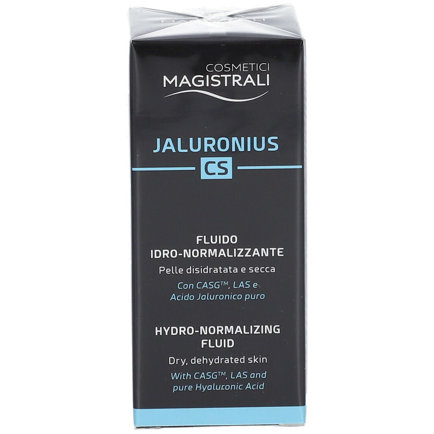 Schwarze Schachtel. Aufschrift: Jaluronius CS. Hydro-normalisierendes Fluid.