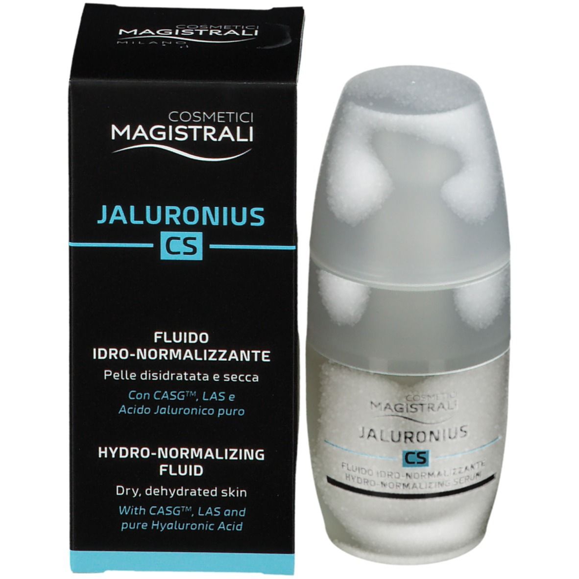 Schwarze Schachtel und Flasche. Aufschrift: Jaluronius CS. Hydro-normalisierendes Fluid.