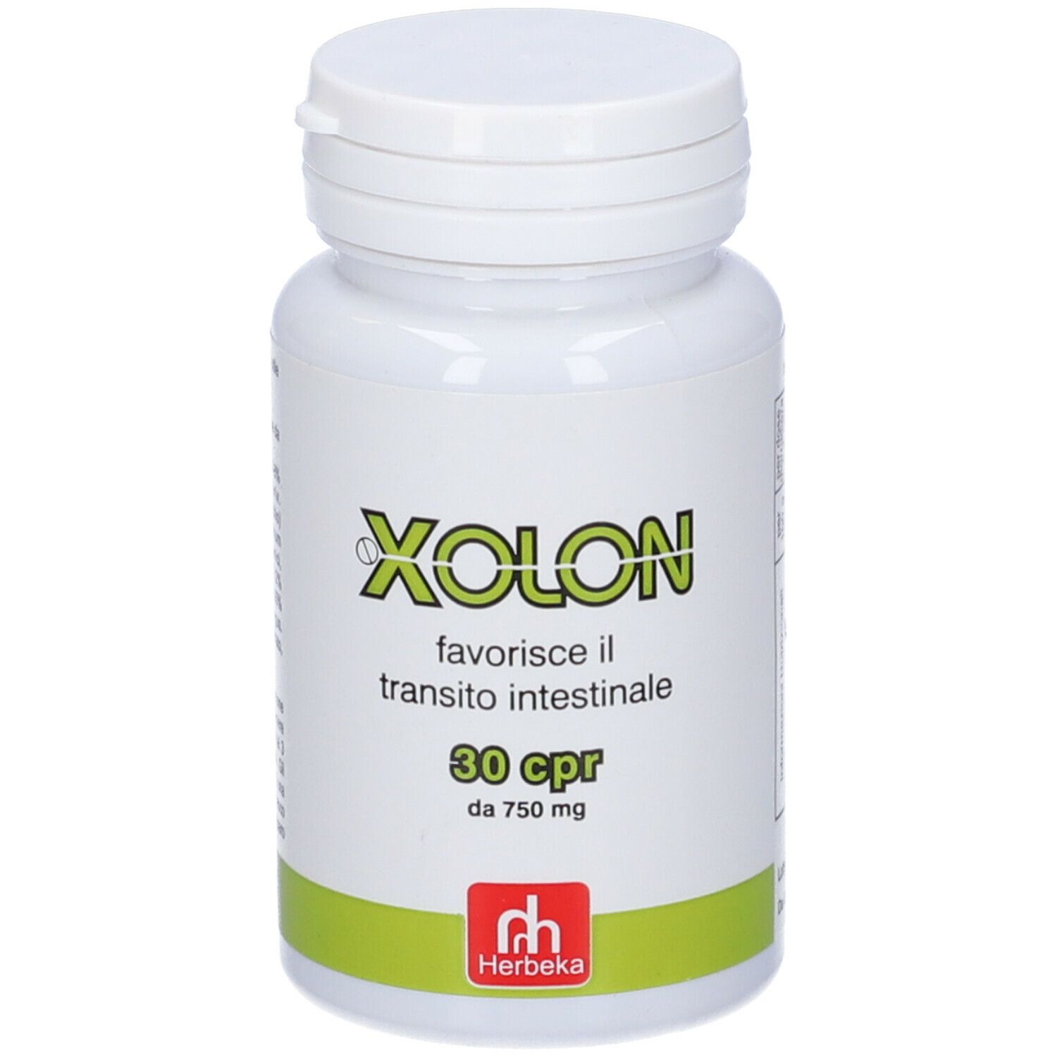 Flacone bianco Xolon, 30 cpr. Scritta « favorisce il transito intestinale ». Marchio Herbeka.