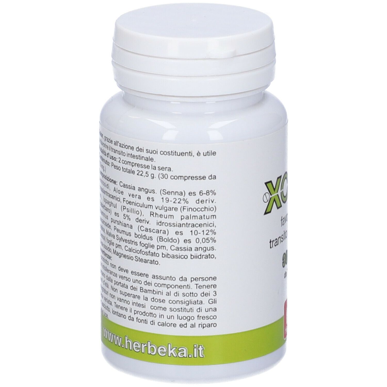 Flacone bianco con informazioni e ingredienti. Marchio Herbeka. Testo in italiano.