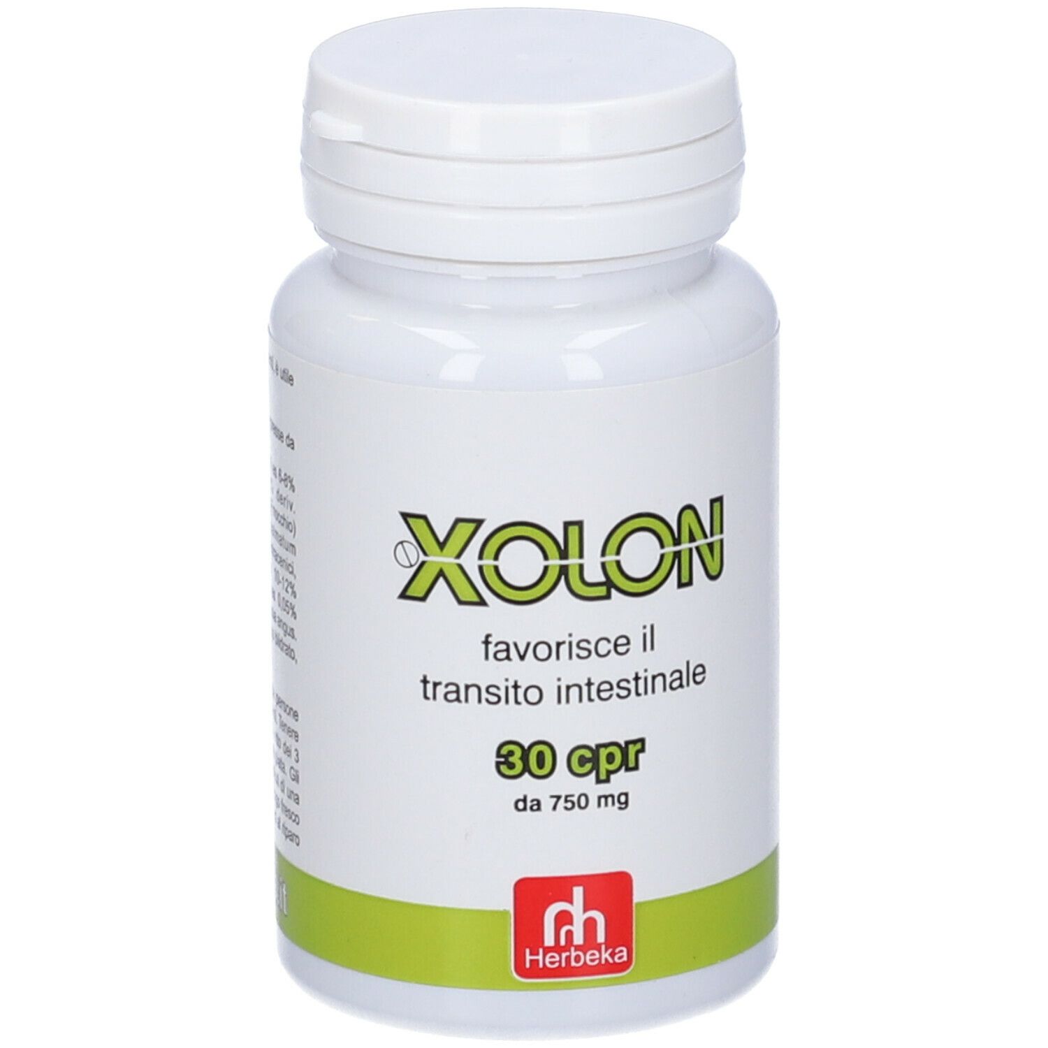 Flacone bianco Xolon, 30 cpr. Scritta « favorisce il transito intestinale ». Marchio Herbeka.