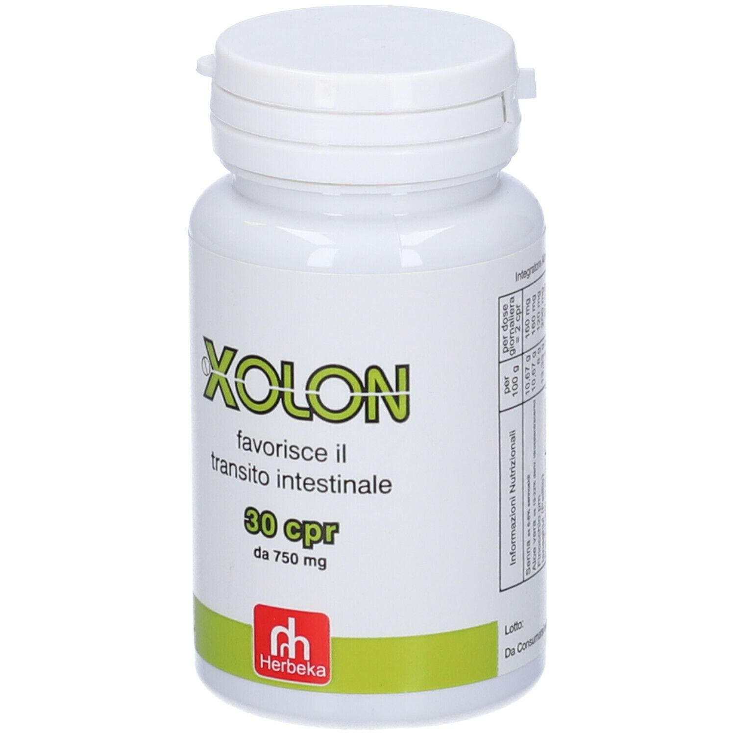 Flacone bianco Xolon, 30 cpr. Scritta « favorisce il transito intestinale ». Marchio Herbeka.