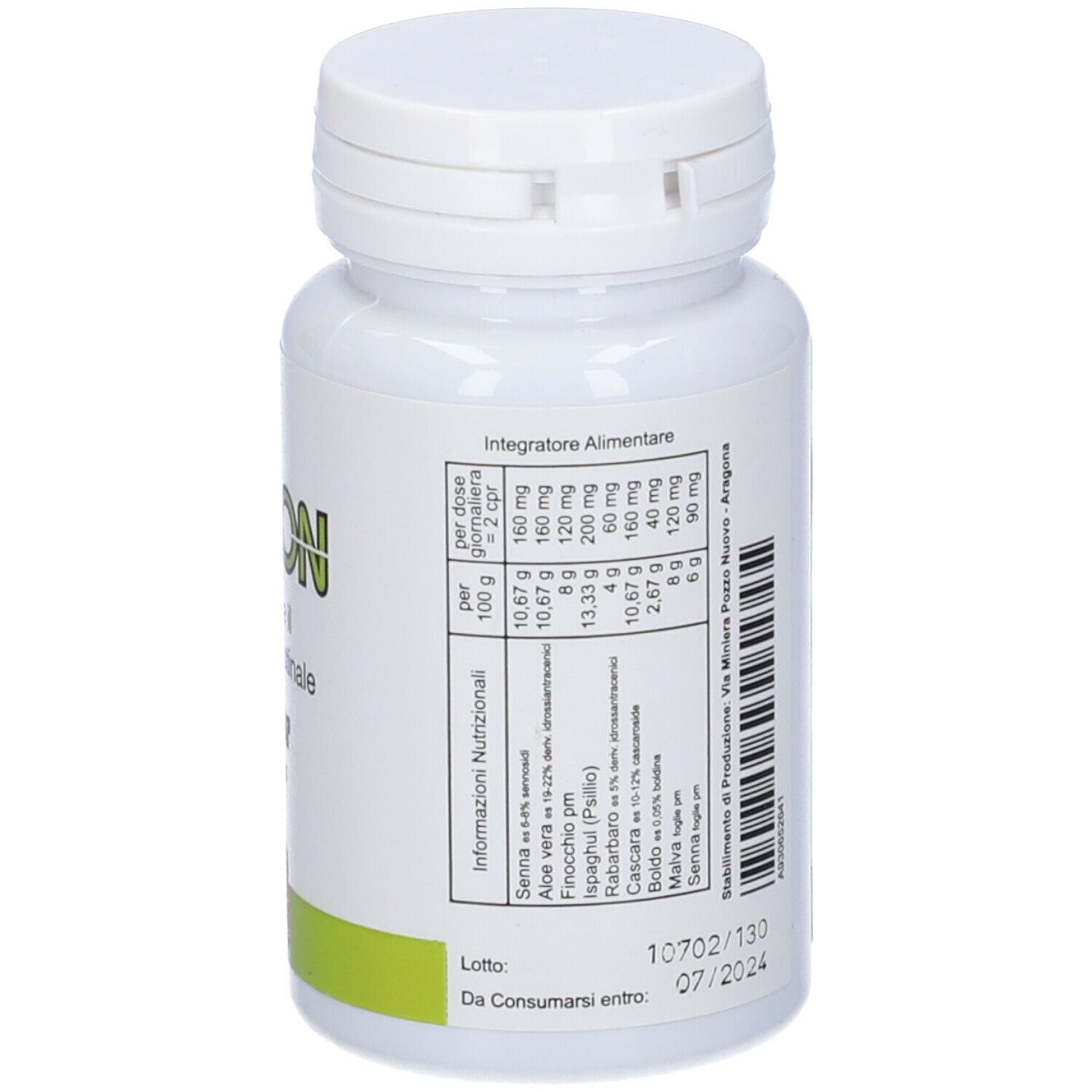 Retro del flacone bianco con informazioni nutrizionali. Marchio Herbeka. Testo in italiano.