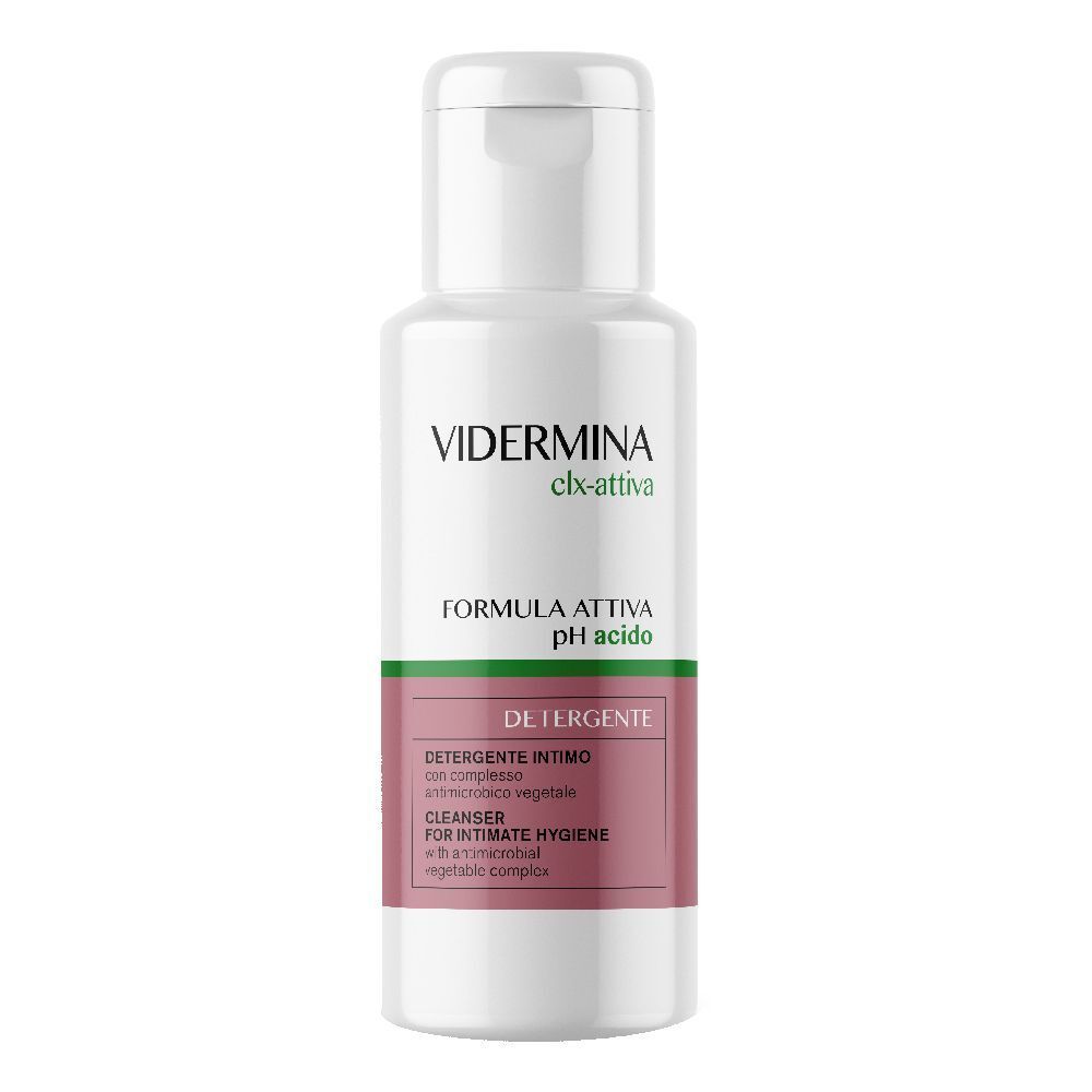 Flacone bianco con etichetta verde e rosa. Testo: Vidermina clx-attiva, pH acido, Detergente Intimo.