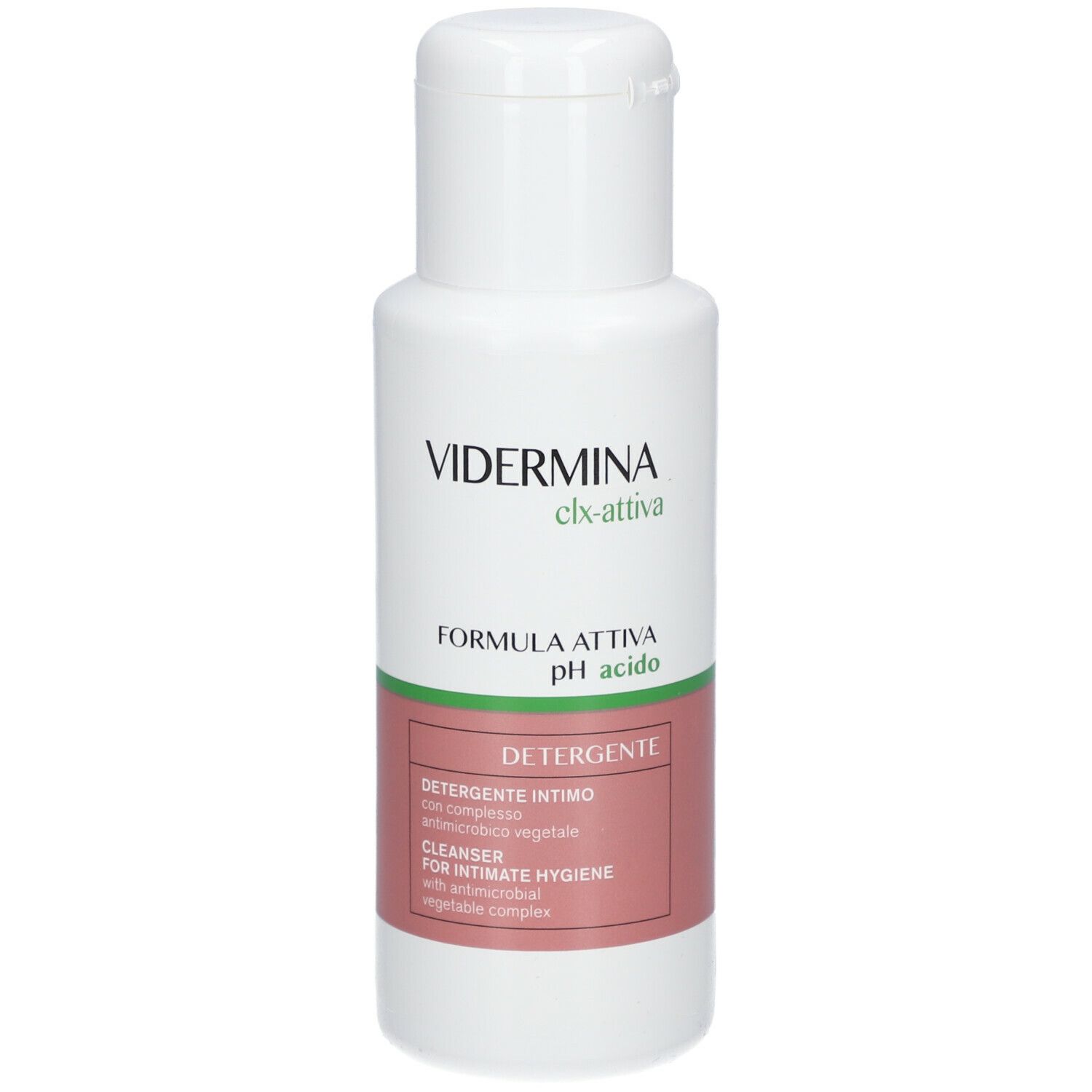 Flacone bianco con etichetta verde e rosa. Testo: Vidermina clx-attiva, pH acido, Detergente Intimo.