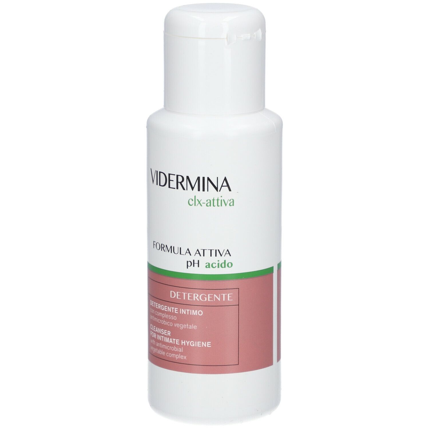 Flacone bianco con etichetta verde e rosa. Testo: Vidermina clx-attiva, pH acido, Detergente Intimo.