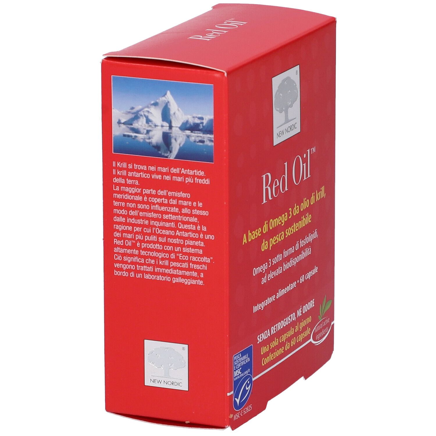 Rote Schachtel, Seitenansicht. Bild eines Eisbergs. Text: "Red Oil". Logo: New Nordic. MSC-Zertifizierung.