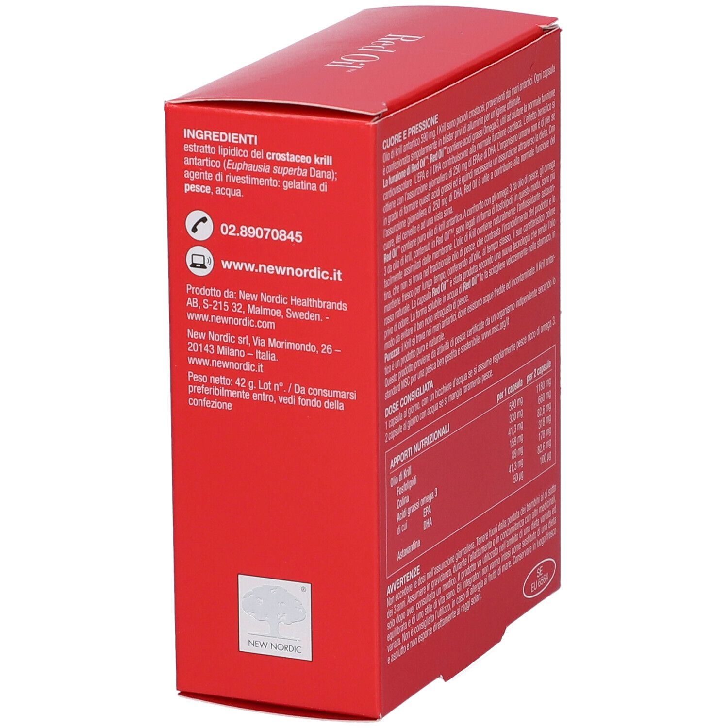 Rote Schachtel, Seitenansicht. Text über Inhaltsstoffe und Kontaktinformationen. Logo: New Nordic.