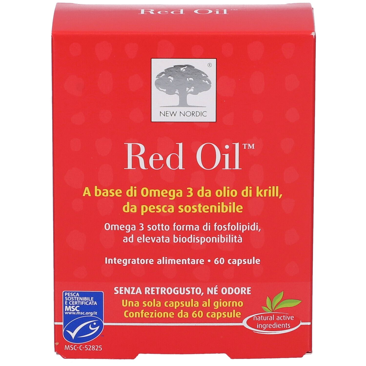 Rote Schachtel mit "Red Oil"-Aufdruck. Enthält 60 Kapseln. Logo: New Nordic. MSC-Zertifizierung.