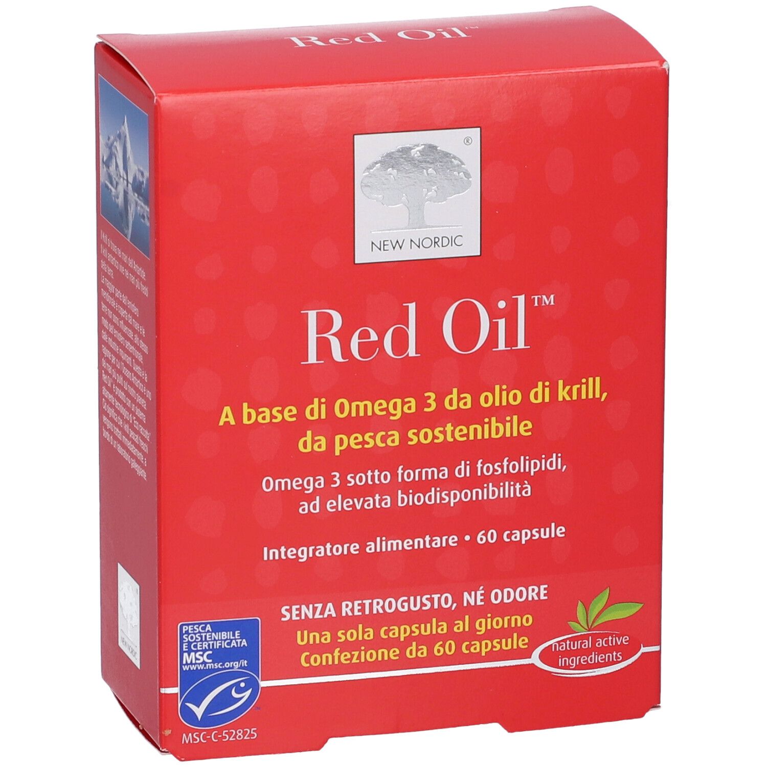 Rote Schachtel mit "Red Oil"-Aufdruck. Enthält 60 Kapseln. Logo: New Nordic. MSC-Zertifizierung.