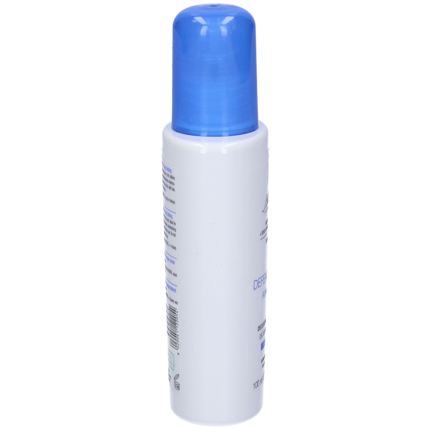 Weiße Sprühflasche mit blauem Verschluss. Beschriftung auf der Flasche sichtbar.