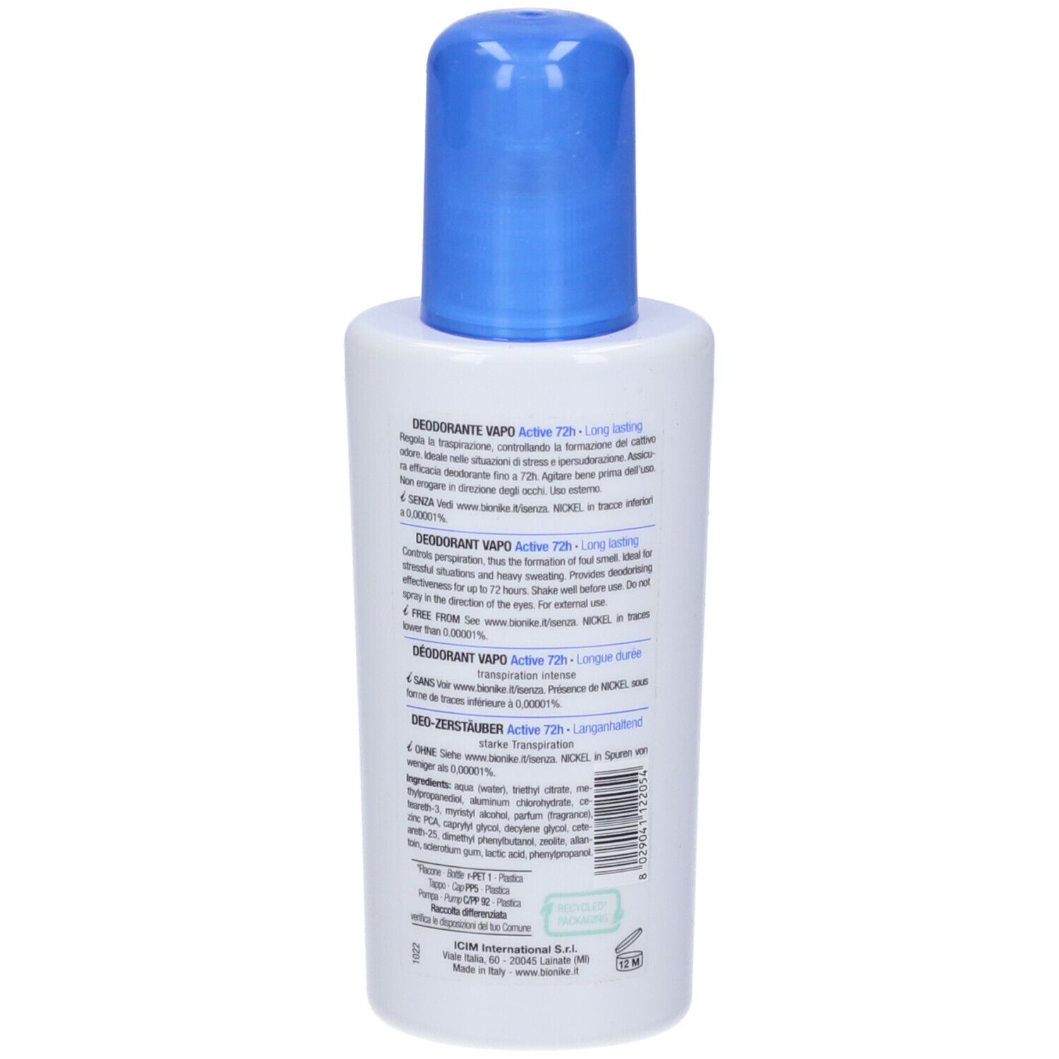 Weiße Sprühflasche mit blauem Verschluss. Enthält Deodorant mit 72h Langzeitschutz.
