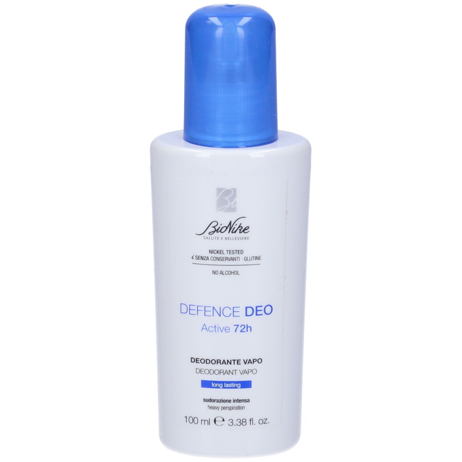 Weiße Sprühflasche mit blauem Verschluss, Bionike Defence Deo Active 72h, 100 ml.