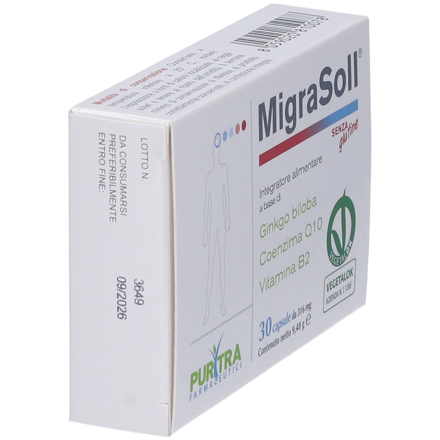 Scatola di capsule MigraSoll. Scritta: « Integratore alimentare ». Con Ginkgo biloba, Coenzima Q10, Vitamina B2. Contiene 30 capsule. Sigillo Vegetalok.