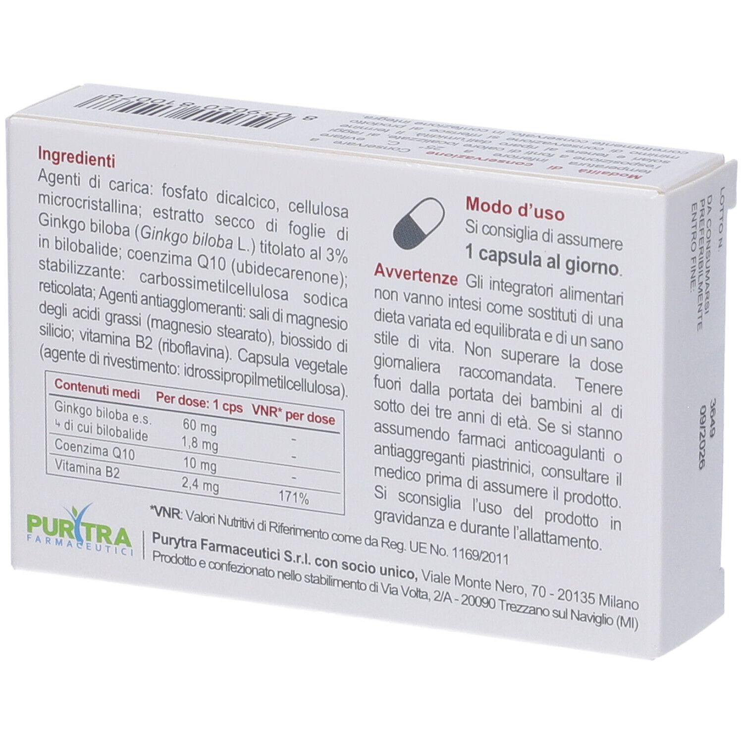 Retro della scatola MigraSoll. Contiene informazioni sugli ingredienti, il dosaggio e le avvertenze. Produttore: Puritra Farmaceutici.