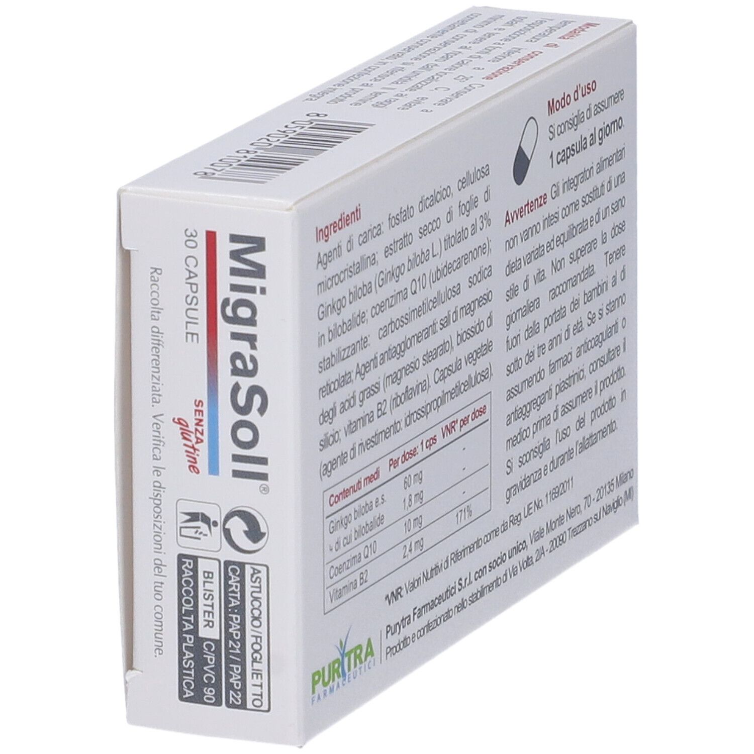 Scatola di capsule MigraSoll. Contiene 30 capsule. Scritta: « Integratore alimentare ». Con Ginkgo biloba, Coenzima Q10, Vitamina B2. Sigillo Vegetalok.