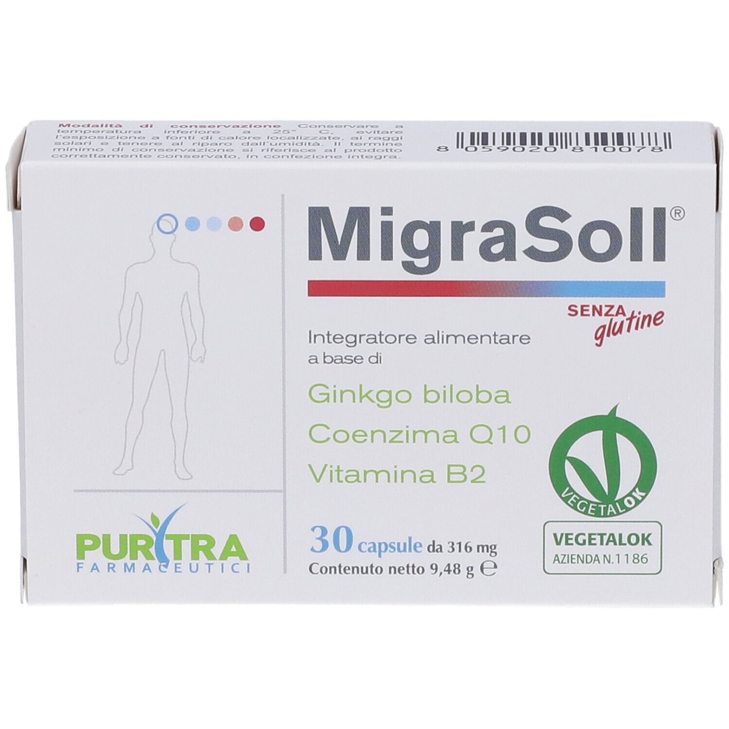 Scatola di capsule MigraSoll. Contiene 30 capsule. Scritta: « Integratore alimentare ». Con Ginkgo biloba, Coenzima Q10, Vitamina B2. Sigillo Vegetalok.