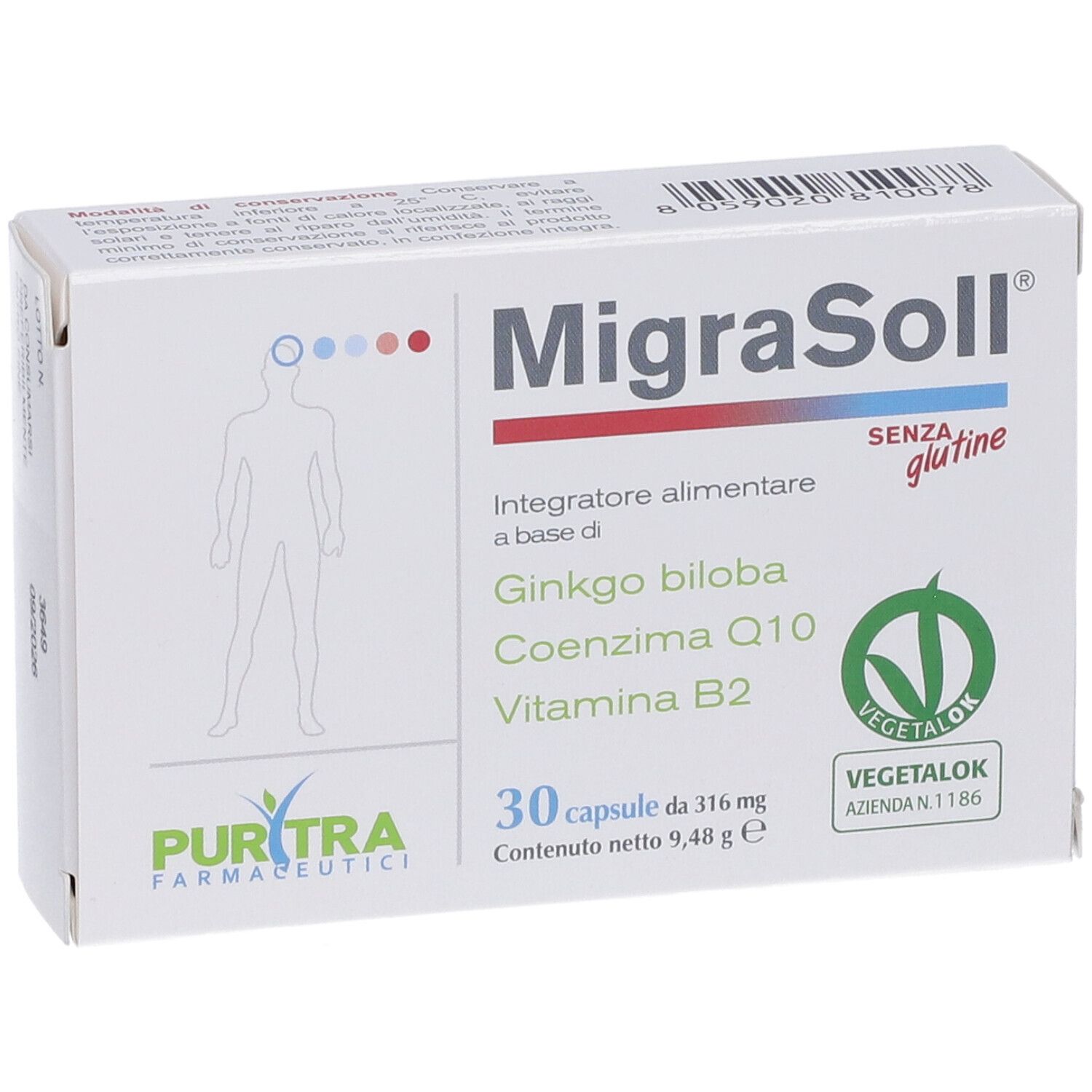 Scatola di capsule MigraSoll. Contiene 30 capsule. Scritta: « Integratore alimentare ». Con Ginkgo biloba, Coenzima Q10, Vitamina B2. Sigillo Vegetalok.