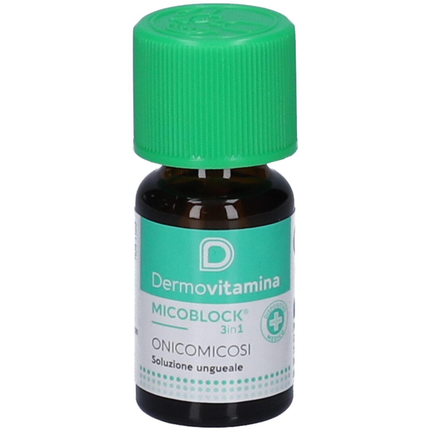 Braune Glasflasche mit grünem Schraubverschluss. Etikett mit Produktnamen und Logo. Medizinprodukt.