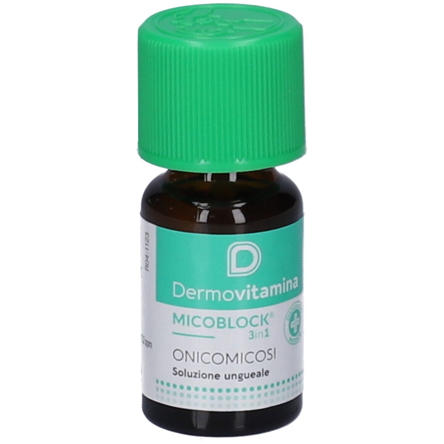 Braune Glasflasche mit grünem Verschluss. Etikett mit Produktnamen, Logo und medizinischem Symbol.