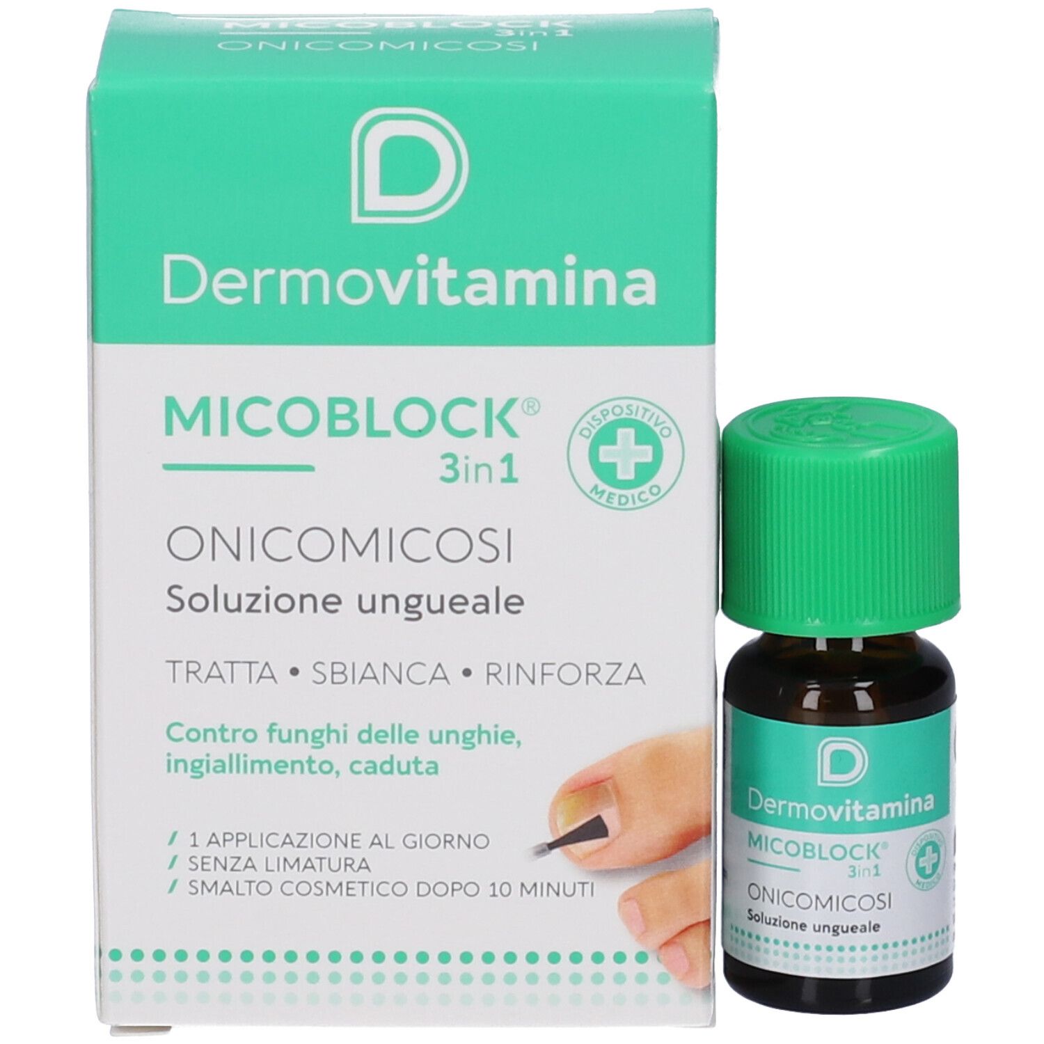 Produktflasche und Verpackung. Flasche mit grünem Verschluss. Verpackung mit Produktinformationen und Logo.