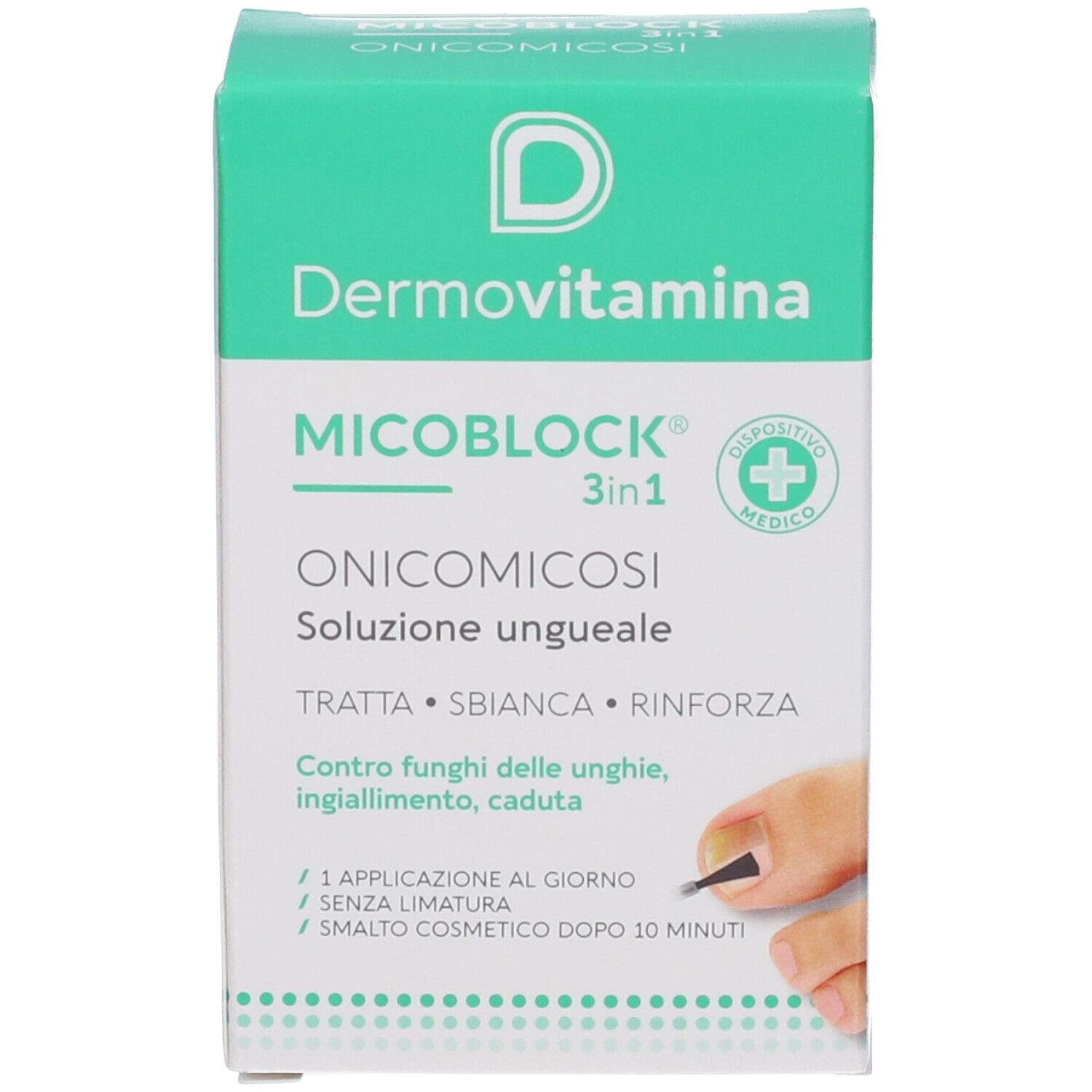 Produktverpackung. Weißer Karton mit Produktnamen, Logo und Informationen. Abbildung eines Fußes.