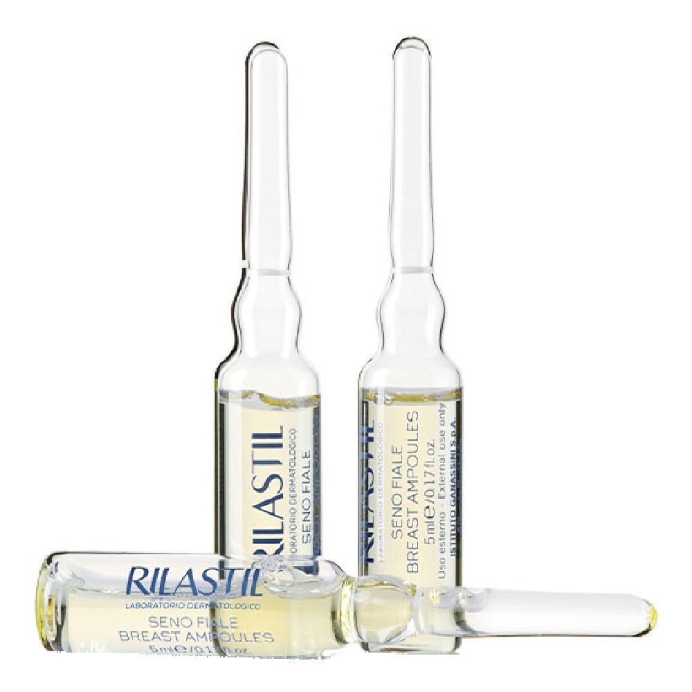 Tre fiale in vetro. Due in piedi, una sdraiata. Liquido visibile. Scritta: RILASTIL, Seno Fiale, Breast Ampoules.
