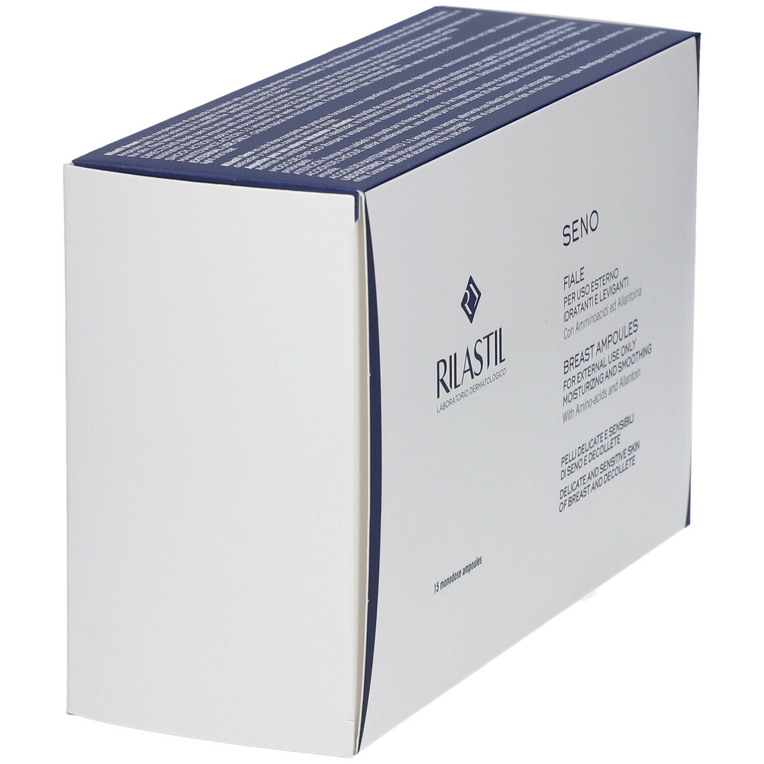 Scatola bianca con parte superiore blu. Scritta: RILASTIL, Seno, Fiale, Breast Ampoules. Vista laterale.