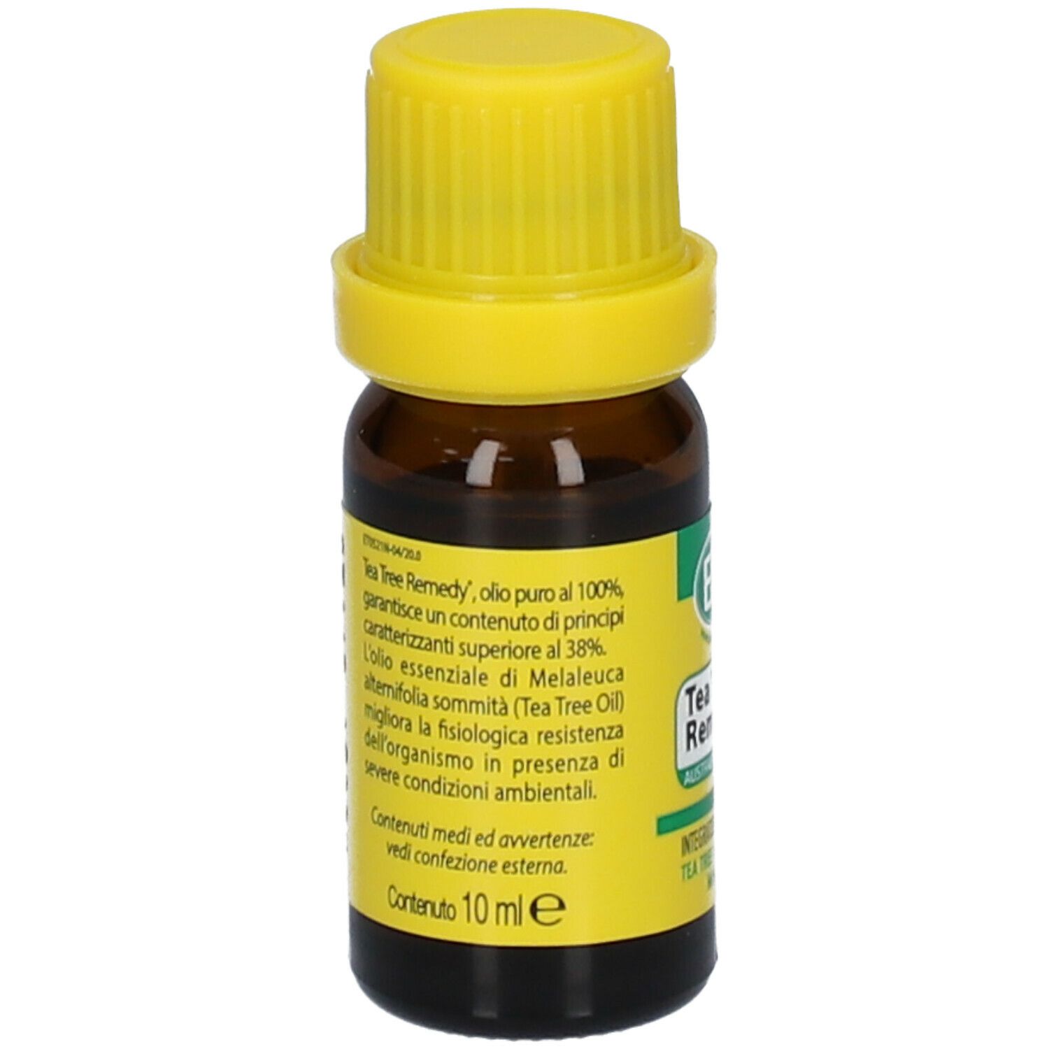 Braune Glasflasche mit gelbem Deckel. Aufschrift: Tea Tree Remedy, ESI, Tea Tree Oil titolato min. 38%.